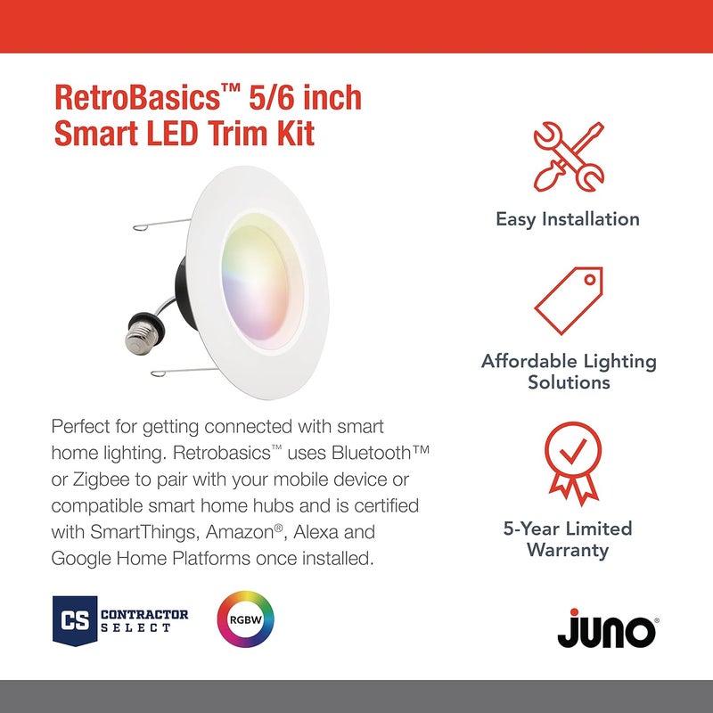 Juno RB56SC RGBW MW CP4 M2 RetroBasics Retrofit Smart LED Downlight, Switchable 2700K - 5000K, RGBW Color Changing, Matte White, 5 to 6 Inch, 4 Pack - Image 2